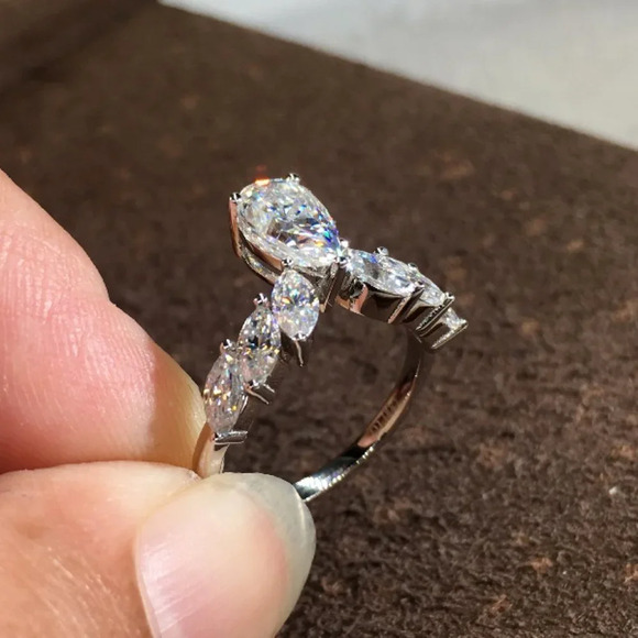 ▶Marquis Angle Wings Wedding Anillos Water Drop Pure CZ Pear Ring, L183 - Picture 6 of 6